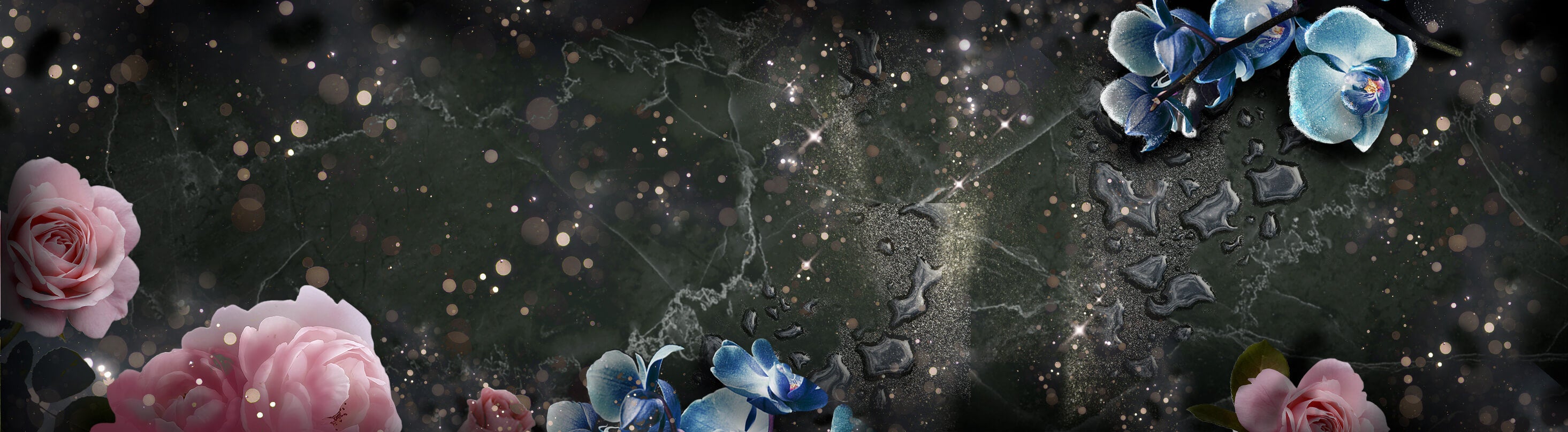 czarne tło z różowymi i niebieskimi kwiatami